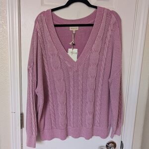 Thread & Supply Pink V-Neck Cable Knit Sweater